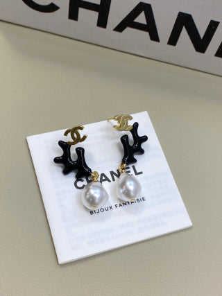 CHANEL Nerissa Coral Pearl Drop Stud Earrings
