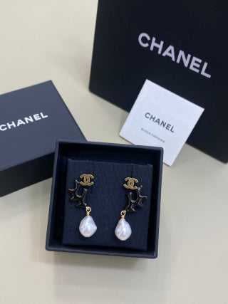 CHANEL Nerissa Coral Pearl Drop Stud Earrings