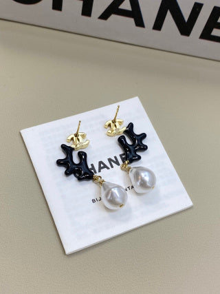 CHANEL Nerissa Coral Pearl Drop Stud Earrings