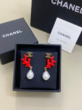 CHANEL Nerissa Coral Pearl Drop Stud Earrings
