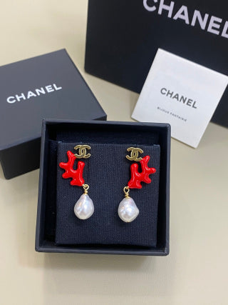 CHANEL Nerissa Coral Pearl Drop Stud Earrings