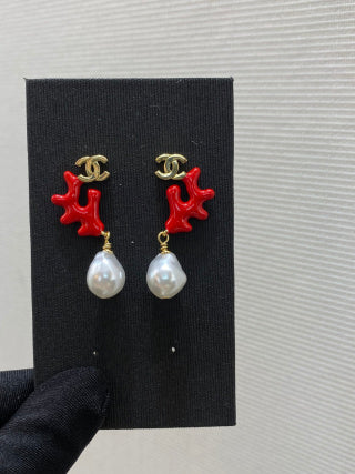 CHANEL Nerissa Coral Pearl Drop Stud Earrings