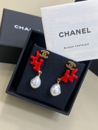 CHANEL Nerissa Coral Pearl Drop Stud Earrings