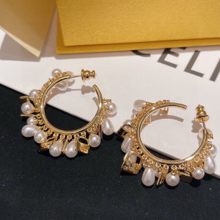 FENDI Pearl Fringe Hoop Stud Earrings