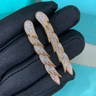 Tiffany long feather stud earrings with full pavé diamonds