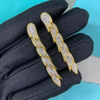 Tiffany long feather stud earrings with full pavé diamonds