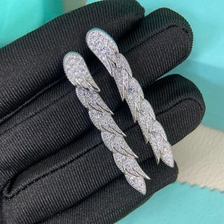 Tiffany long feather stud earrings with full pavé diamonds