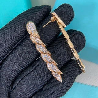 Tiffany long feather stud earrings with full pavé diamonds