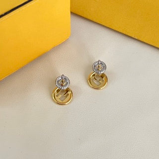Fendi Golden Orbit Crystal Loop Stud Earrings
