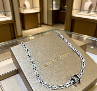 Bvlgari Silver Black Circle Pendant Chain Necklace – Elegant Luxury Jewelry
