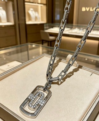 Bvlgari Silver Geometric Pendant Chain Necklace – Elegant Luxury Jewelry
