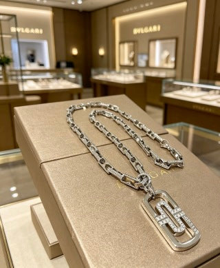 Bvlgari Silver Geometric Pendant Chain Necklace – Elegant Luxury Jewelry