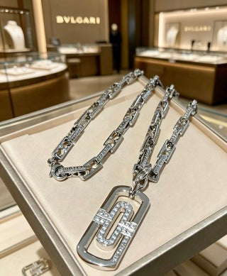 Bvlgari Silver Geometric Pendant Chain Necklace – Elegant Luxury Jewelry
