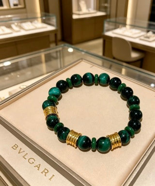 Bvlgari Green Beaded Gold Accent Bracelet – Elegant Luxury Jewelry