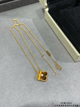 Van Cleef & Arpels Single-Diamond Tiger's Eye Clover Necklace