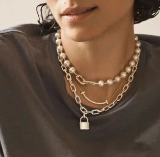 Tiffany Long Necklace with Square Pearl Clasp and Padlock Pendant
