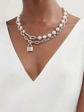 Tiffany Long Necklace with Square Pearl Clasp and Padlock Pendant