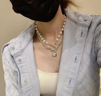 Tiffany Long Necklace with Square Pearl Clasp and Padlock Pendant