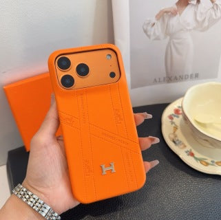 Hermès Orange Leather H Detail Phone Case