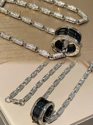 Bvlgari Silver Black Accent Pave Chain Necklace – Elegant Luxury Jewelry