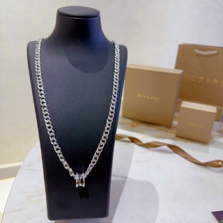 Bvlgari Silver Pave Chain Circle Pendant Necklace – Elegant Luxury Jewelry