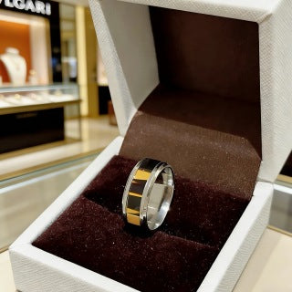 Bvlgari Silver Black Accent Geometric Band Ring – Elegant Luxury Jewelry