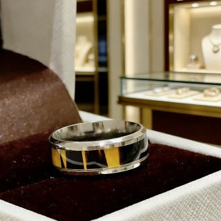 Bvlgari Silver Black Accent Geometric Band Ring – Elegant Luxury Jewelry