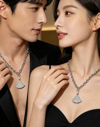 Bvlgari Silver Crystal Fan Pendant Necklace – Elegant Luxury Jewelry