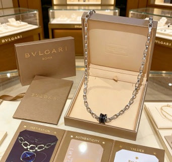 Bvlgari Silver Black Accent Geometric Chain Necklace – Elegant Luxury Jewelry