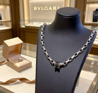 Bvlgari Silver Black Accent Geometric Chain Necklace – Elegant Luxury Jewelry