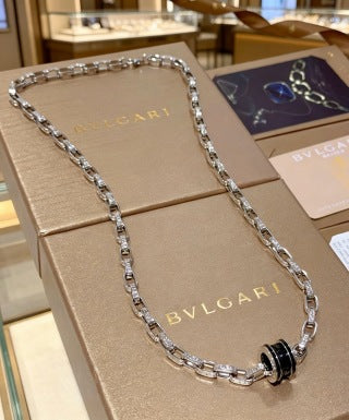 Bvlgari Silver Black Accent Geometric Chain Necklace – Elegant Luxury Jewelry