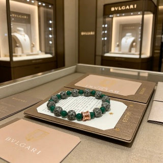 Bvlgari Green Stone Beaded Bracelet with Rose Gold Accent – Elegant Luxury Jewelry