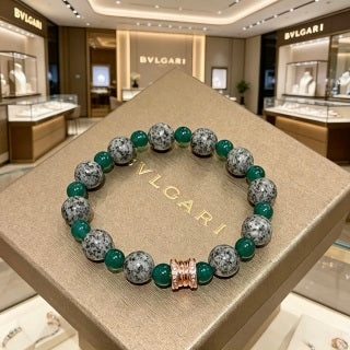 Bvlgari Green Stone Beaded Bracelet with Rose Gold Accent – Elegant Luxury Jewelry