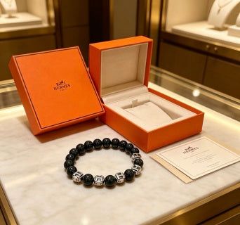Hermès Obsidian Bead Silver Accent Bracelet