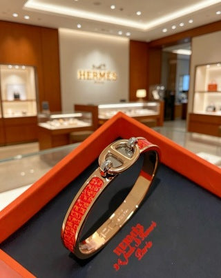 Hermès Scarlet Leather Accent Cuff Bracelet