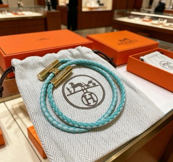 Hermès Aqua Braided Leather Double Wrap Bracelet