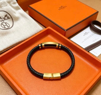 Hermès Black Braided Leather Accent Bracelet